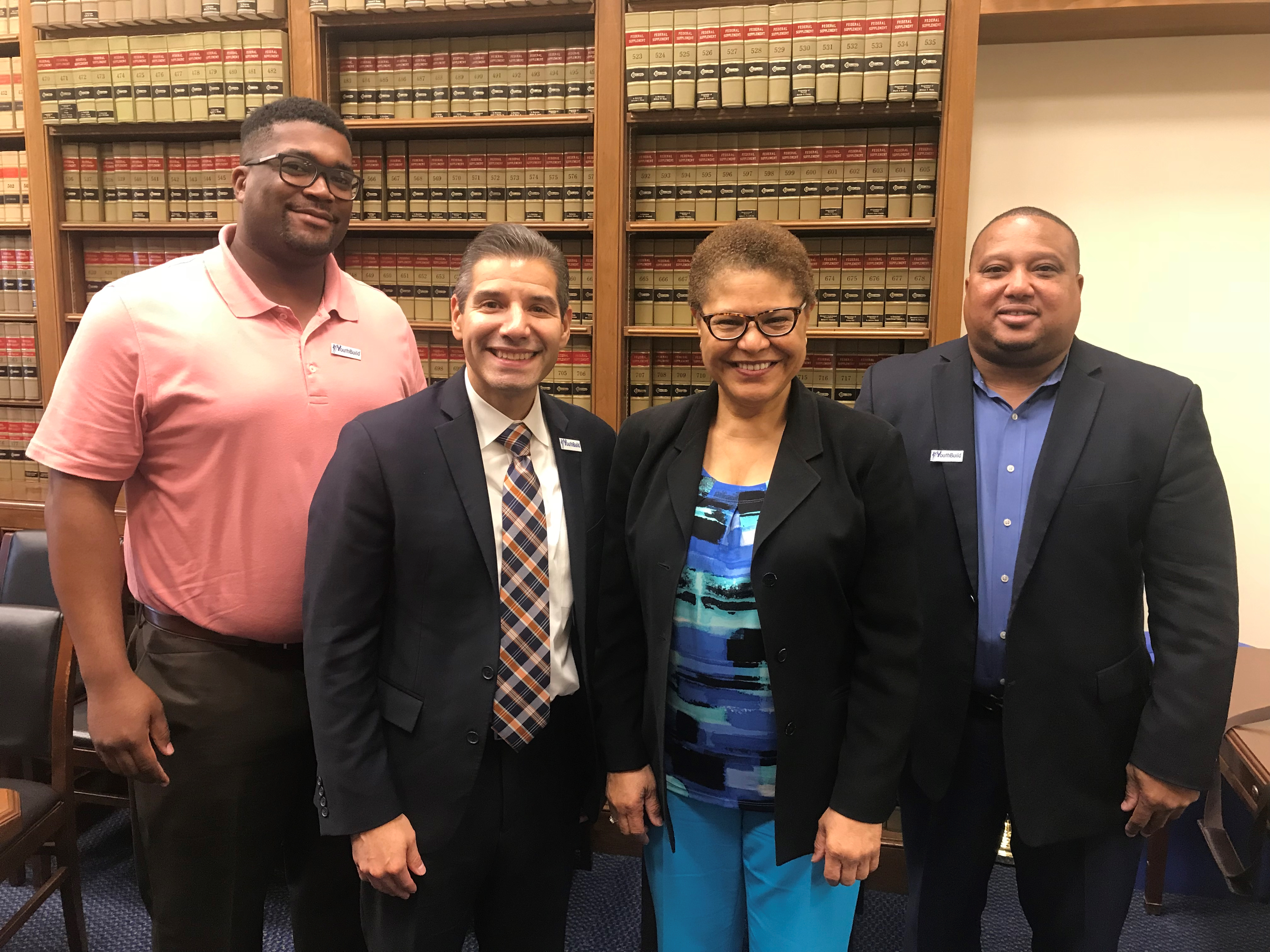 Congressmember Karen Bass with YouthBuild CEO John Valverde, CRCD CEO Mark Wilson and CRCD CPO Jahrell Thomas