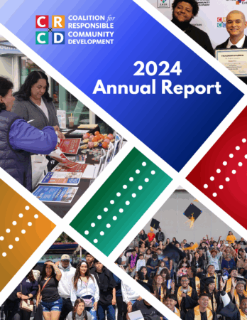 CRCD 2024 Annual Report cover with logo, title, and photos of graduates, youth, community booths, and celebrations.